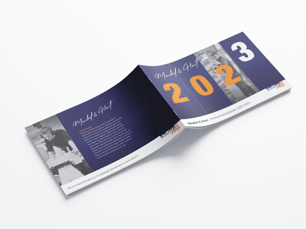 Nieuwjaarsfolder vanuit Deltion College, gemaakt in hun huisstijl kleuren blauw, oranje en wit.