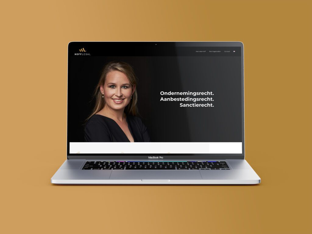 Webdesign voor Hoff Legal. Donkere en nette uitstraling met groot een afbeelding van advocate Hanneke Hoff.
