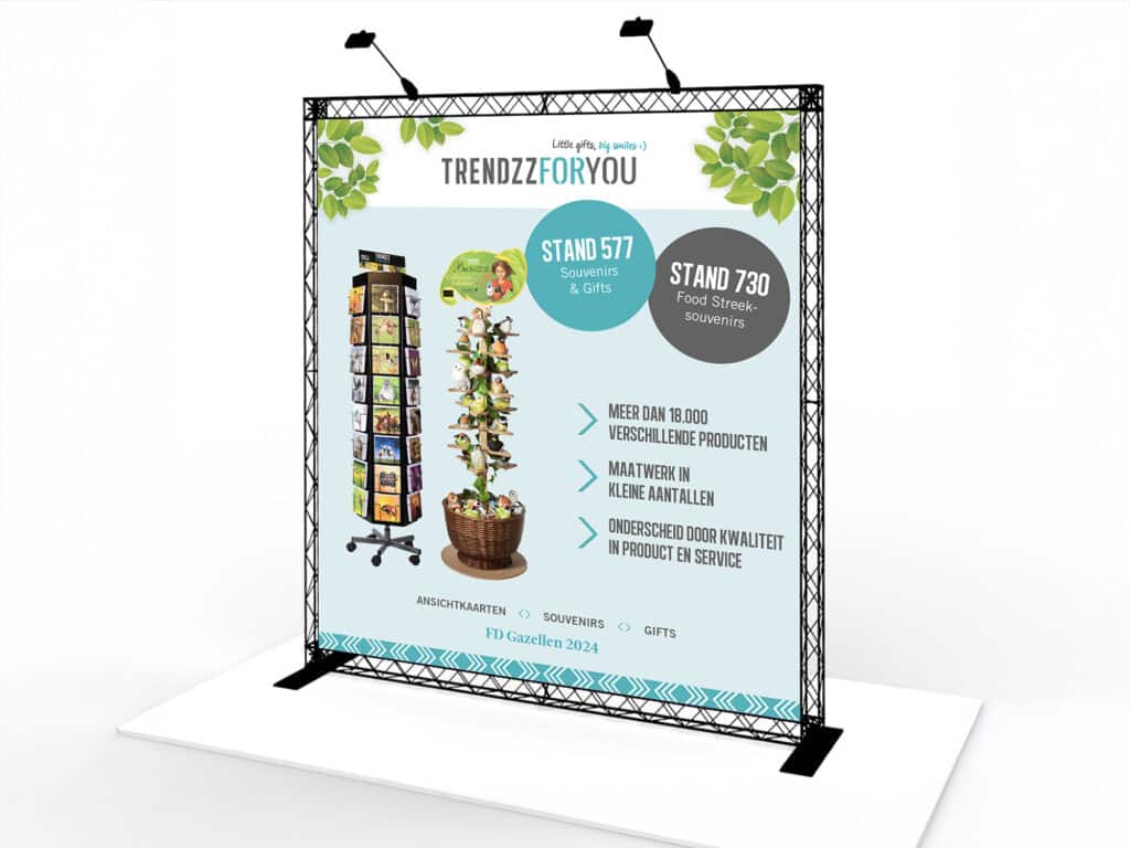 Vrijstaand beursdoek met zomerse kleuren en illustraties voor Trendzzforyou.