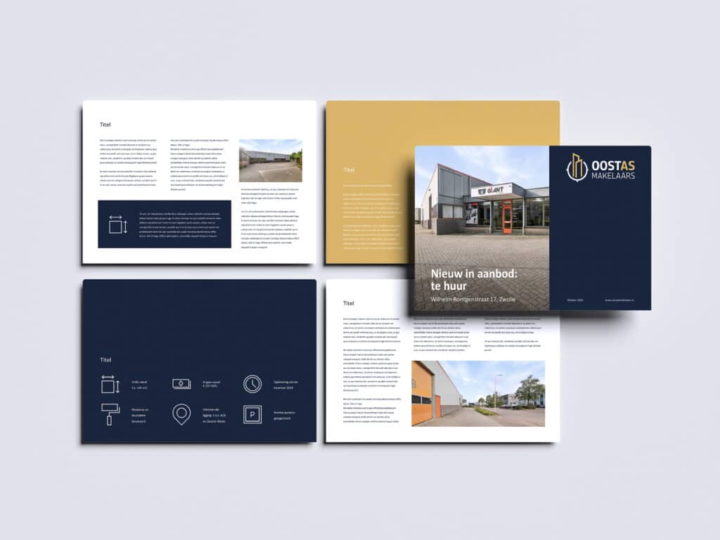 Zakelijk webdesign voor Oostas makelaars met blauw-geel kleurenschema en duidelijke, overzichtelijke secties.