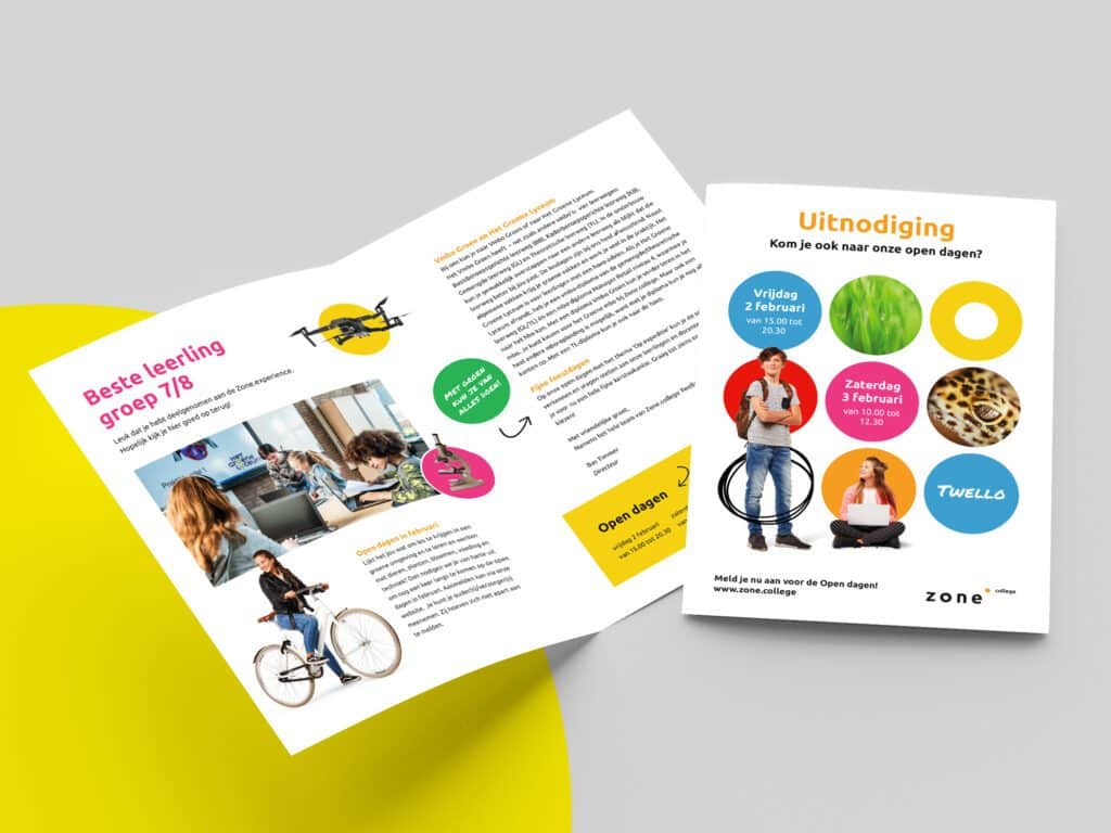 Uitnodiging en brochure voor open dag van Zone.college met kleurrijke illustraties en herkenbare vormgeving.