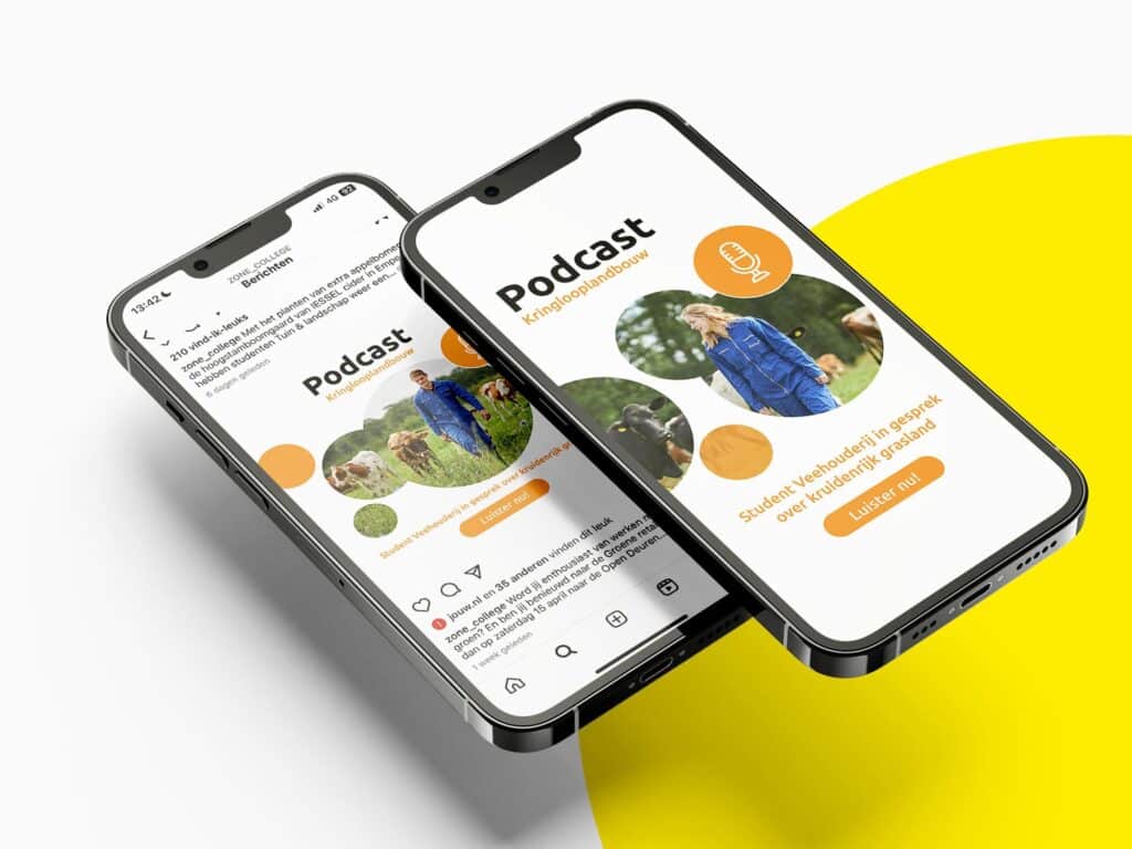Huisstijl doorontwikkeling van Zone.college zichtbaar in social media uitingen en podcastweergave op smartphones.