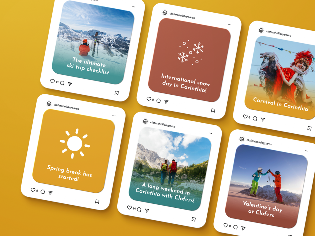 Content formats in de vorm van Instagram posts gemaakt voor Clofers met oranje en roestbruine kleuren.