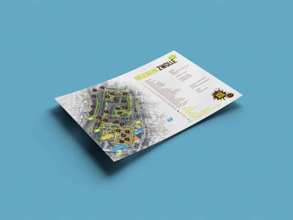 Kleurrijk en illustratief vormgegeven plattegrond voor de mudrun voor de Monicares Foundation.