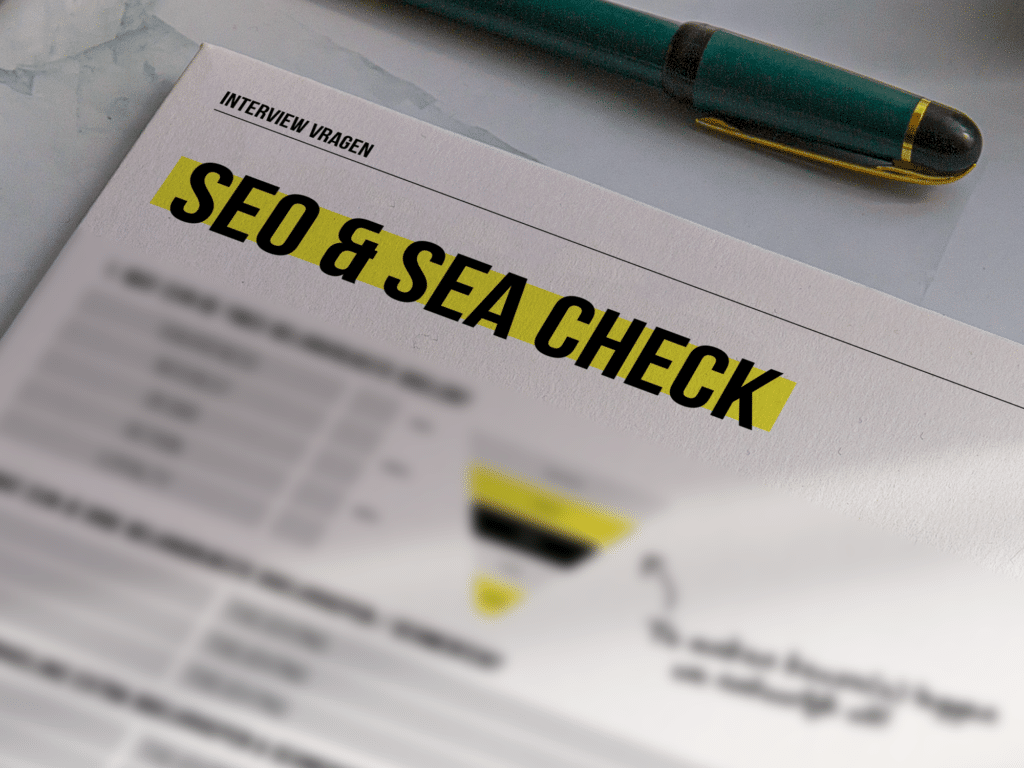 Ontwerp van een interviewvragenlijst ter voorbereiding op een SEO/SEA-check, met een overzichtelijke en gestructureerde opmaak
