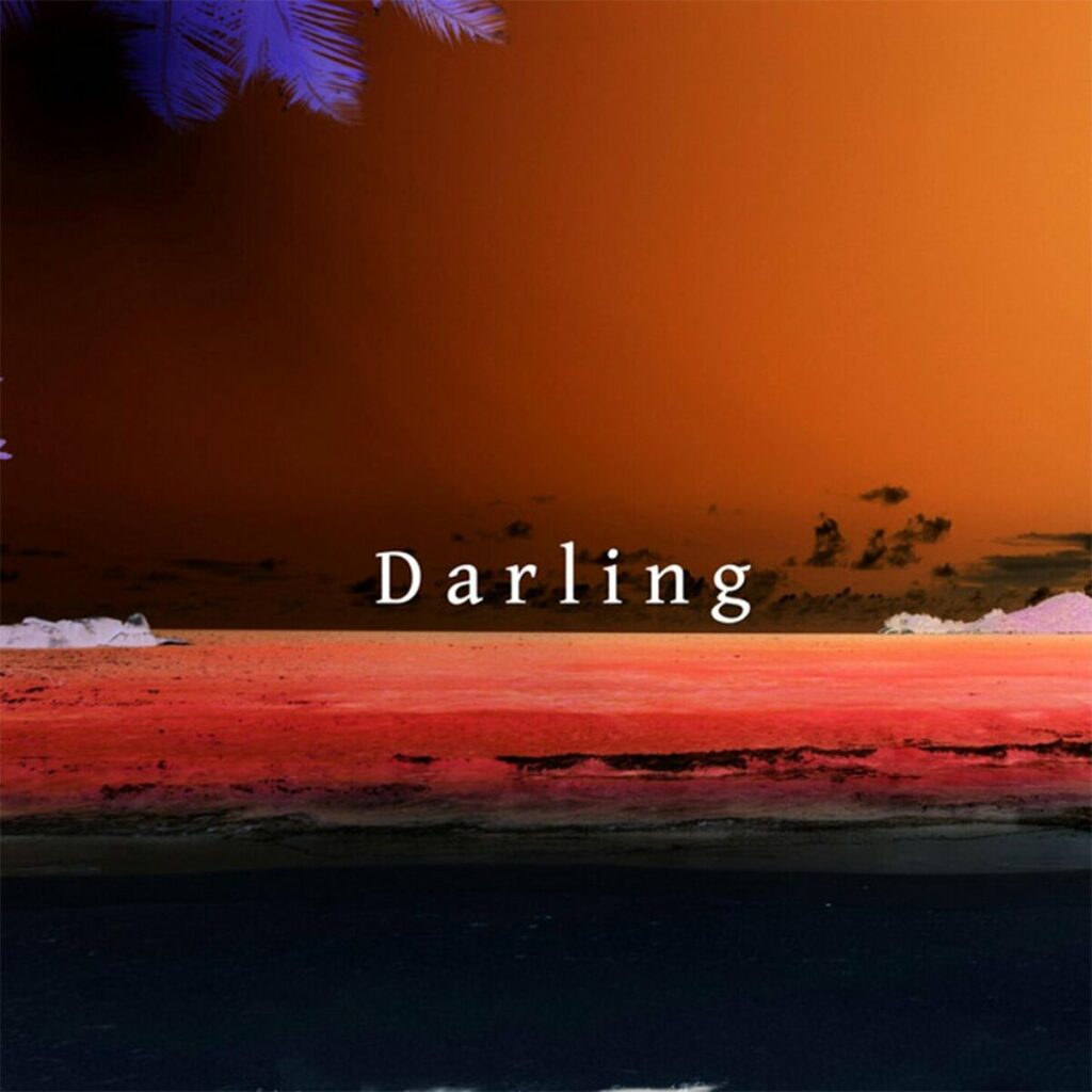 Abstracte albumcover van het nummer 'Darling (instrumental)' van LeoKarlo, met een feloranje lucht, paarse palmbladeren en een rode kustlijn.