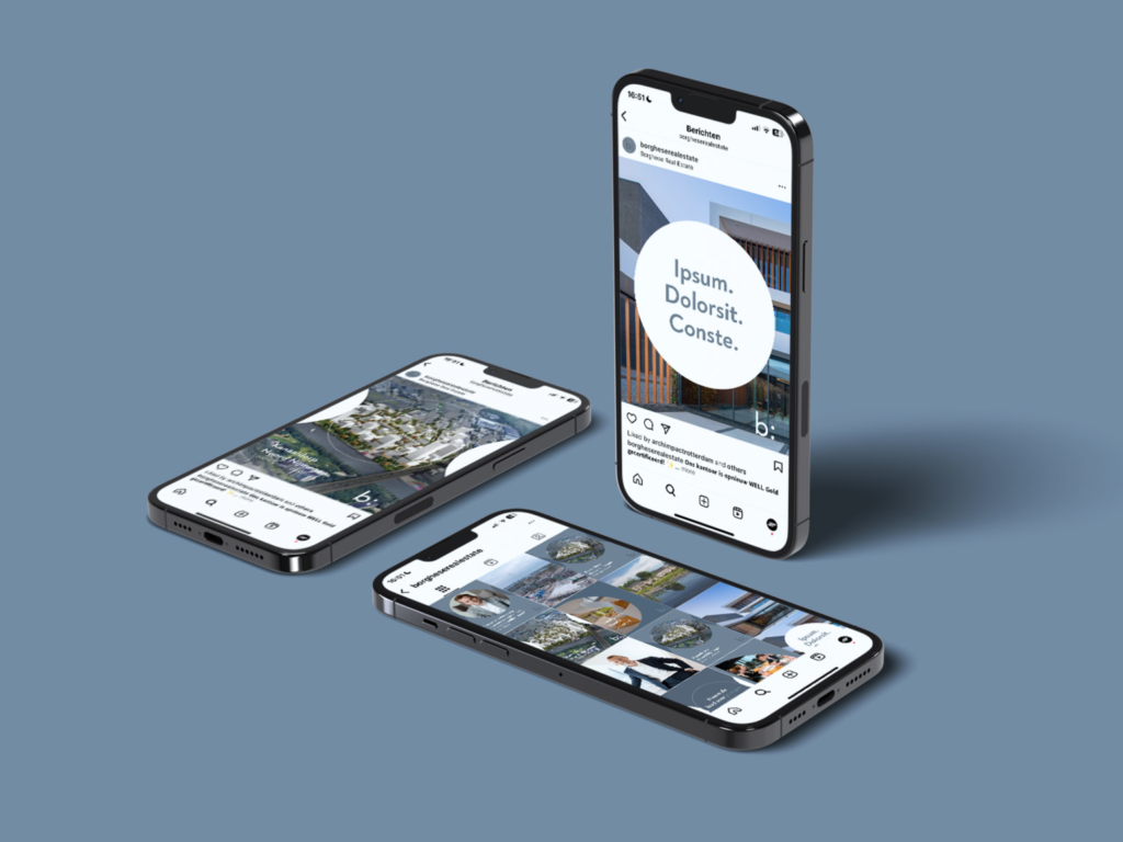 Drie smartphones tonen Instagram-posts en -grids met strakke social templates voor vastgoedmerk Realmakers.