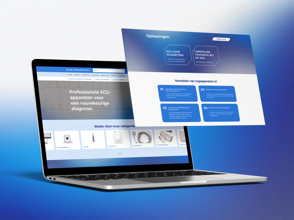 Mock-up webshopontwerp voor ECG Apparaten, visueel verwant aan Tolmed, met herkenbare blauwtinten en gebruiksvriendelijke indeling.